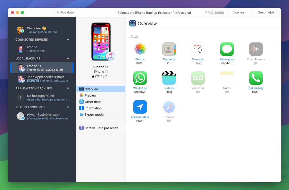 iPhone Backup Extractor's backup overview screen