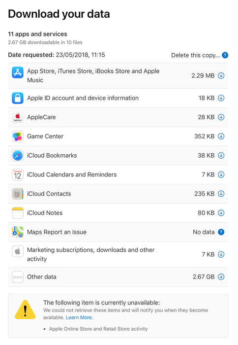 Apple's Data and Privacy site showing some of what's available
